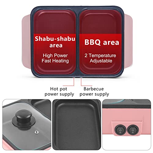 SNKOURIN Hot Pot with Grill,2 in 1 Indoor Non-Stick Electric Hot Pot and Frying Pan,Independent Temperature Control,Portable Multifunctional Smokeless Korean BBQ Grill for Indoor Outdoor Party (Pink)