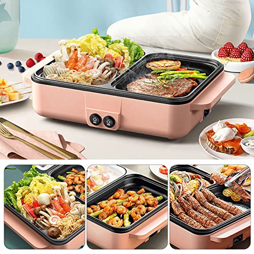 SNKOURIN Hot Pot with Grill,2 in 1 Indoor Non-Stick Electric Hot Pot and Frying Pan,Independent Temperature Control,Portable Multifunctional Smokeless Korean BBQ Grill for Indoor Outdoor Party (Pink)