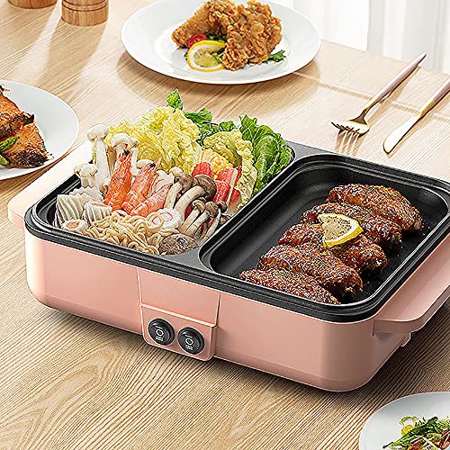 SNKOURIN Hot Pot with Grill,2 in 1 Indoor Non-Stick Electric Hot Pot and Frying Pan,Independent Temperature Control,Portable Multifunctional Smokeless Korean BBQ Grill for Indoor Outdoor Party (Pink)