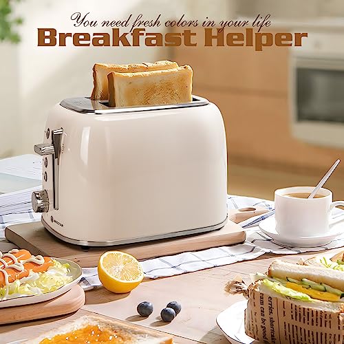 Aigostar Toaster 2 Slice, Retro Extra-Wide Slot Toasters Best Rated Prime for Toasting Bagels, Breads， Waffles & More, Cancel, Defrost & 6 Browning, Removable Crumb Tray, Stainless Steel, Cream White