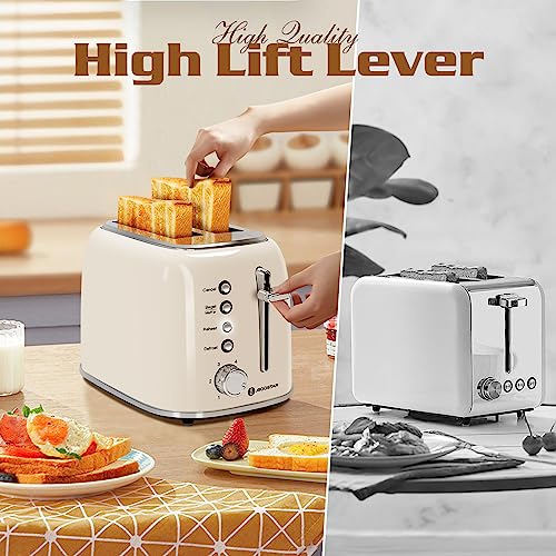 Aigostar Toaster 2 Slice, Retro Extra-Wide Slot Toasters Best Rated Prime for Toasting Bagels, Breads， Waffles & More, Cancel, Defrost & 6 Browning, Removable Crumb Tray, Stainless Steel, Cream White