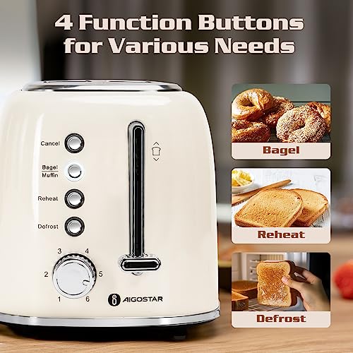 Aigostar Toaster 2 Slice, Retro Extra-Wide Slot Toasters Best Rated Prime for Toasting Bagels, Breads， Waffles & More, Cancel, Defrost & 6 Browning, Removable Crumb Tray, Stainless Steel, Cream White