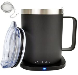 zugg coffee mug warmer with self-warming insulated drink cup, home and office desk accessory with qi heater, double wall stainless steel, premium 2 pc. gift set (black)