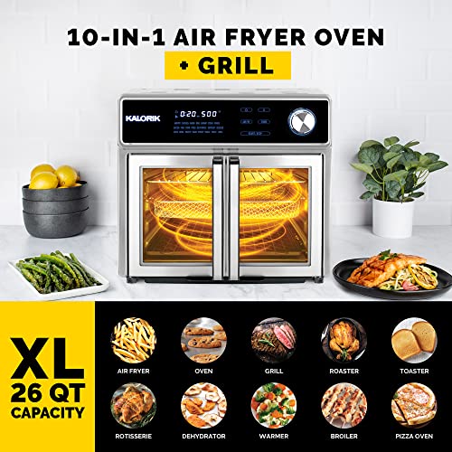Kalorik MAXX Air Fryer Oven Grill Deluxe AFO 51041 SS |26 Quart Digital Smokeless Indoor Grill & Air Fryer Oven Combo - Always-Clean Interior, 12 Accessories, BBQ, Rotisserie| 1700W | Black & Stainless Steel