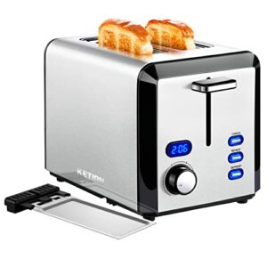 Toaster 2 Slice, KETIAN Wide Slot Toaster Stainless Steel, Countdown Timer, Cancel Reheat Defrost Function, 6 Browning Settings, Removable Crumb Tray,800 watts