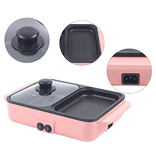 2-in-1 Electric Grill and Hot Pot, Smokeless Indoor Griddle, Portable Non-Stick Teppanyaki Pan, Adjustable Temperature, 1200W Power - Ideal for Indoor/Outdoor Parties (Pink)