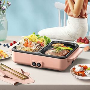 2-in-1 Electric Grill and Hot Pot, Smokeless Indoor Griddle, Portable Non-Stick Teppanyaki Pan, Adjustable Temperature, 1200W Power - Ideal for Indoor/Outdoor Parties (Pink)