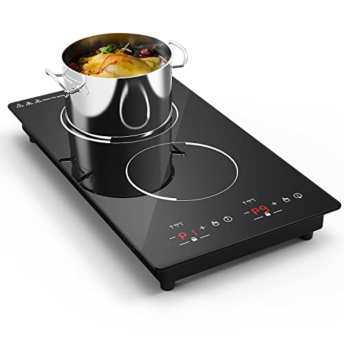 Double Induction Cooktop 2 Burners 12 inch Portable Countertop Burner and Built-in Cooktops 110v,with Sensor Touch Black Crystal LED Screen,9 Power Levels, Child Lock,120 Mins Timer