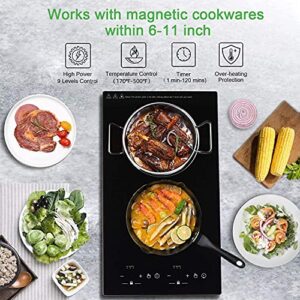 Double Induction Cooktop 2 Burners 12 inch Portable Countertop Burner and Built-in Cooktops 110v,with Sensor Touch Black Crystal LED Screen,9 Power Levels, Child Lock,120 Mins Timer