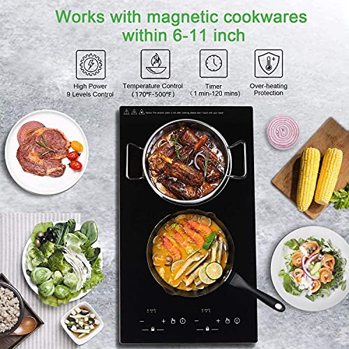 Double Induction Cooktop 2 Burners 12 inch Portable Countertop Burner and Built-in Cooktops 110v,with Sensor Touch Black Crystal LED Screen,9 Power Levels, Child Lock,120 Mins Timer