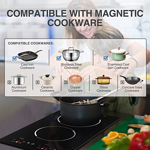 Double Induction Cooktop 2 Burners 12 inch Portable Countertop Burner and Built-in Cooktops 110v,with Sensor Touch Black Crystal LED Screen,9 Power Levels, Child Lock,120 Mins Timer