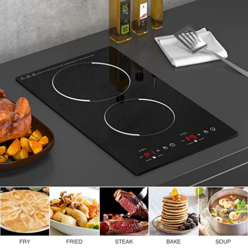 Double Induction Cooktop 2 Burners 12 inch Portable Countertop Burner and Built-in Cooktops 110v,with Sensor Touch Black Crystal LED Screen,9 Power Levels, Child Lock,120 Mins Timer