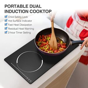 Double Induction Cooktop 2 Burners 12 inch Portable Countertop Burner and Built-in Cooktops 110v,with Sensor Touch Black Crystal LED Screen,9 Power Levels, Child Lock,120 Mins Timer