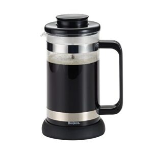 bonjour coffee borosilicate glass french press with coaster & scoop, 33.8-ounce, riviera, black