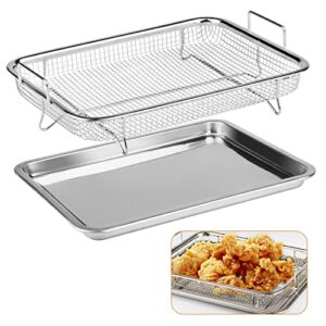2 piece air fryer basket for oven,stainless steel oven crisping baskets & tray set 12.8 x 9.6 inch, air fryer basket rack oven for non-stick & healthy cooking (sliver)