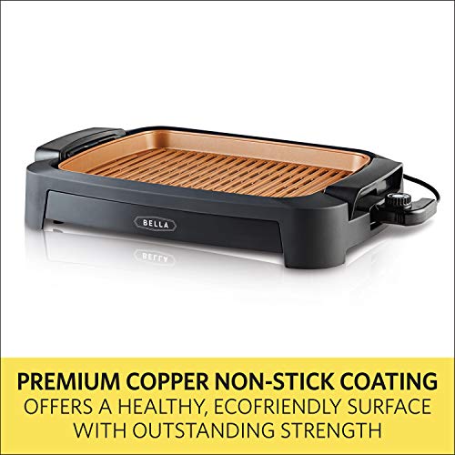 BELLA Indoor Smokeless Grill, 12 x 16 Inch Copper Titanium Coated Nonstick Cooking Surface, Multifunction Grill & Skillet