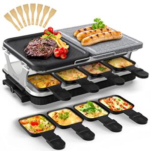 voohek korean bbq grill raclette table grill hibachi electric indoor grill 2 in 1 non-stick grilling plate and natural cooking stone adjustable temperature 8 raclette pans 8 wooden spatulas 1300w
