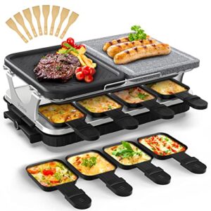 Voohek Korean BBQ Grill Raclette Table Grill Hibachi Electric Indoor Grill 2 in 1 Non-stick Grilling Plate and Natural Cooking Stone Adjustable Temperature 8 Raclette Pans 8 Wooden Spatulas 1300W