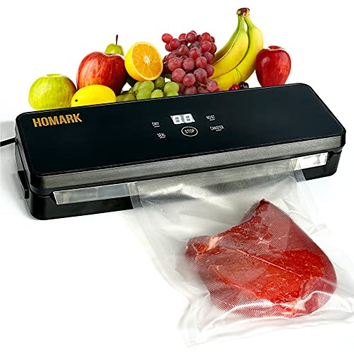 HOMARK Vacuum Sealer Machine, Digital Display Smart Function Household 80 kPa Food Saver Vacuum Sealer with Tempered Glass Surface, Dry Moist Mode, Includes 10 Vacuum Bags 6”x10’, 3 Food Modes,2 Pump Speed, Lab Tested