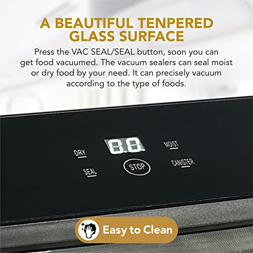 HOMARK Vacuum Sealer Machine, Digital Display Smart Function Household 80 kPa Food Saver Vacuum Sealer with Tempered Glass Surface, Dry Moist Mode, Includes 10 Vacuum Bags 6”x10’, 3 Food Modes,2 Pump Speed, Lab Tested