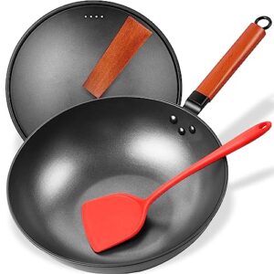 Anyfish Nonstick Wok 13.1 inch Stir-fry Wok Pan with Lid Pre-seasoned Carbon Steel Wok with Silicone Spatula No Chemical Coating Chinese Wok Flat Bottom for Induction, Coil Top, Electric, Gas Stove