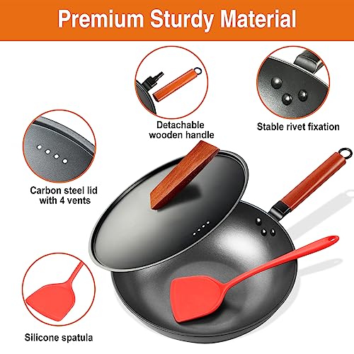 Anyfish Nonstick Wok 13.1 inch Stir-fry Wok Pan with Lid Pre-seasoned Carbon Steel Wok with Silicone Spatula No Chemical Coating Chinese Wok Flat Bottom for Induction, Coil Top, Electric, Gas Stove