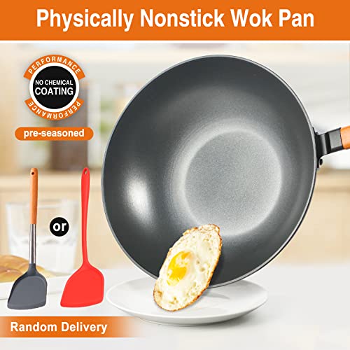 Anyfish Nonstick Wok 13.1 inch Stir-fry Wok Pan with Lid Pre-seasoned Carbon Steel Wok with Silicone Spatula No Chemical Coating Chinese Wok Flat Bottom for Induction, Coil Top, Electric, Gas Stove