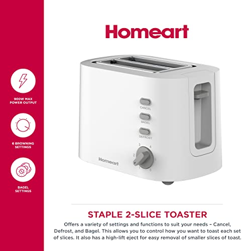 Homeart Staple 2-Slice Toaster - Stainless Steel With Removable Crumb Tray, Adjustable Browning Control With Multiple Settings to Cancel, Defrost and Bagel - 900W, White