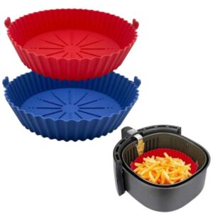 6.7 inch reusable silicone air fryer baskets; heat-resistant simple to clean. Silicone Pot for Air Fryer Oven Accessories, (Blue + Red)