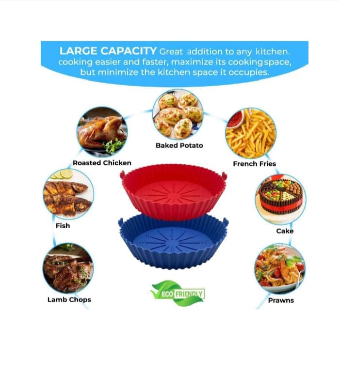 6.7 inch reusable silicone air fryer baskets; heat-resistant simple to clean. Silicone Pot for Air Fryer Oven Accessories, (Blue + Red)