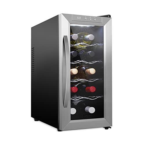 Schmécké 10 Bottle Thermoelectric Wine Cooler/Chiller - Stainless Steel - Counter Top Red & White Wine Cellar w/Digital Temperature, Freestanding Refrigerator Smoked Glass Door Quiet Operation Fridge