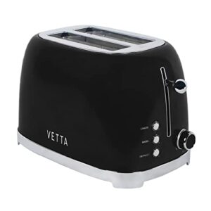 vetta 2-slice extra-wide-slot retro toaster with defrost, bagel, and cancel functions, 6 shade settings, self-centering for even cooking and removable crumb tray, stainless steel in black (black)