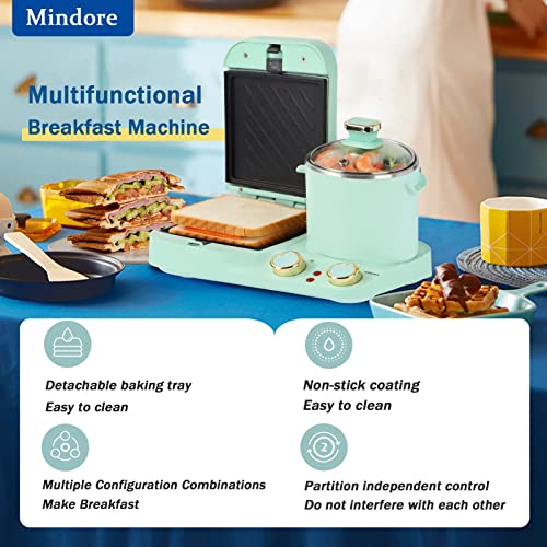 Mindore 3 in 1 Breakfast Station, Electric Retro Toaster Breakfast Machine Sandwich Maker with Detachable Non-stick Coating Plate,Stockpot with Glass Lid,Frying Pan, Household Breakfast Appliances