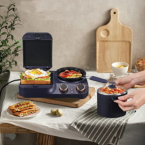 Mindore 3 in 1 Breakfast Station, Electric Retro Toaster Breakfast Machine Sandwich Maker with Detachable Non-stick Coating Plate,Stockpot with Glass Lid,Frying Pan, Household Breakfast Appliances