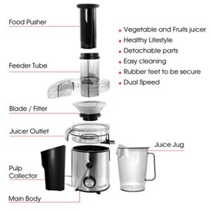 MegaChef Wide Mouth Extractor Juice Machine with Dual Speed Centrifugal Stainless Steel Juicer, 3.5 Cup, Chrome Silver