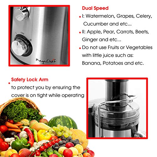 MegaChef Wide Mouth Extractor Juice Machine with Dual Speed Centrifugal Stainless Steel Juicer, 3.5 Cup, Chrome Silver