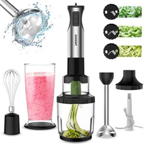 jussiart electric immersion hand blender & spiralizer/vegetable slicer 6-in-1 food prep combo kit, with 3 spiralizing blade attachment for zoodles, grate, ribbon, spiral, blend, chop, and puree
