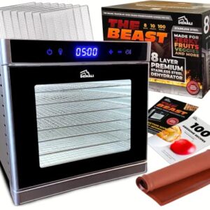 The BEAST by Denali | 8 Layer Stainless Steel Food Dehydrator | 100 Recipes & Full Instructions | Jerky, Fruit Leather, Veggies | Silver, LED Touch, Timer & Low-Noise Fan | Denali is a USA Company (The BEAST 8-Layer Dehydrator)