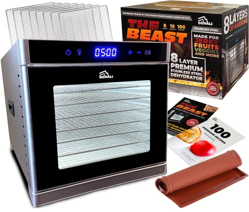 The BEAST by Denali | 8 Layer Stainless Steel Food Dehydrator | 100 Recipes & Full Instructions | Jerky, Fruit Leather, Veggies | Silver, LED Touch, Timer & Low-Noise Fan | Denali is a USA Company (The BEAST 8-Layer Dehydrator)