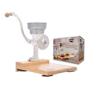 corona cast iron corn and grain mill with wooden table, corn grinder, grain mill, manual grinder with table for corn, rice, lentils, chickpeas, cast iron grinder for domestic use, anti-rust by corona