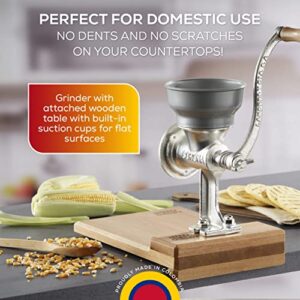 Corona Cast Iron Corn and Grain Mill with Wooden Table, Corn Grinder, Grain Mill, Manual Grinder with Table For Corn, Rice, Lentils, Chickpeas, Cast Iron Grinder For Domestic Use, Anti-Rust By Corona