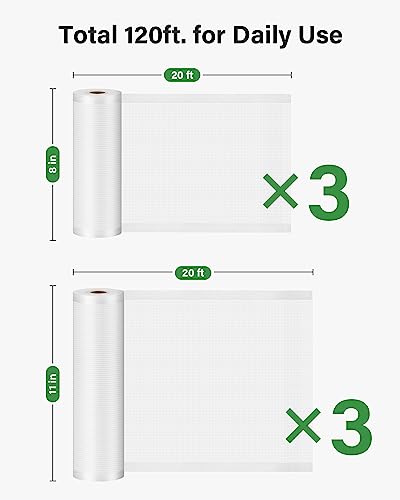 Kootek Vacuum Sealer Bags, 3 Rolls 8"x20' and 3 Rolls 11"x20' (6 Pack, Total 120 feet), Commercial Grade, BPA Free Food Vac Bags Rolls for Storage, Meal Prep or Sous Vide
