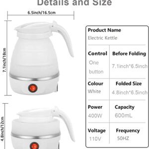 Foldable Electric Kettle,Upgraded Food Grade Silicone,600ML Small Portable Travel Electric Kettle, 400W Travel Electric Kettle, 110V US Plug (White)