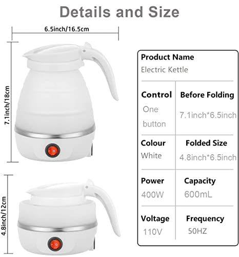 Foldable Electric Kettle,Upgraded Food Grade Silicone,600ML Small Portable Travel Electric Kettle, 400W Travel Electric Kettle, 110V US Plug (White)