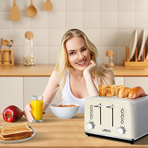 URIOO Toaster 4 Slice Retro Stainless Steel Bread Toaster with Extra-Wide Slots, Removable Crumb Tray, Reheat, Cancel, Defrost Function, 6 Browning Settings, Cream