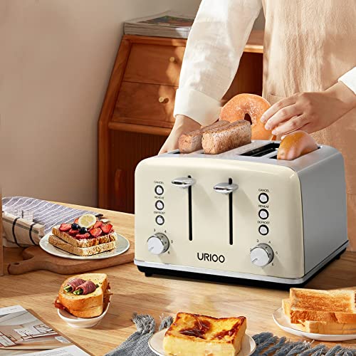 URIOO Toaster 4 Slice Retro Stainless Steel Bread Toaster with Extra-Wide Slots, Removable Crumb Tray, Reheat, Cancel, Defrost Function, 6 Browning Settings, Cream