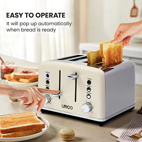 URIOO Toaster 4 Slice Retro Stainless Steel Bread Toaster with Extra-Wide Slots, Removable Crumb Tray, Reheat, Cancel, Defrost Function, 6 Browning Settings, Cream