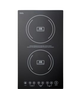summit sinc2220 12-inch 2 burner digital electric induction cooktop with 7-piece cookware set, jet black glass, 230v, 3100w, led display, 8-power level, timer, easy plug-in, easy to clean