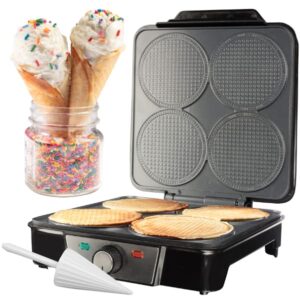 Mini Waffle Ice Cream Cone Maker - Bake 4 Homemade Mini Cones at Once, Includes Shaper Roller - Make Fun Bite Sized Entertaining Desserts for Summer Parties, Special Occasions and Gift Giving Treats