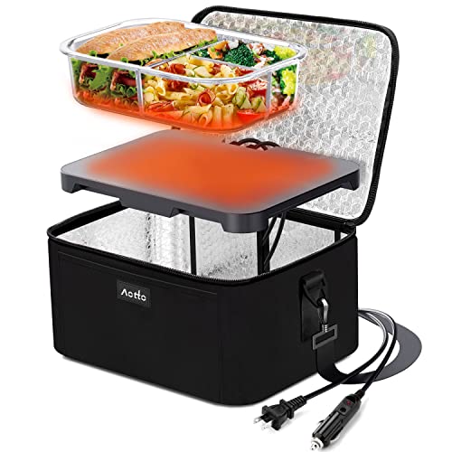 Aotto Portable Oven, 12V 24V 110V 3-in-1 Food Warmer and Heater, Mini Personal Electric Heated Lunch Box Warming Tote for Cooking & Reheating Meals in Car, Truck, Travel, Office, Home (Black)